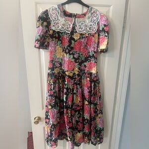 Melissa Black Floral Midi Dress with White Lace Collar